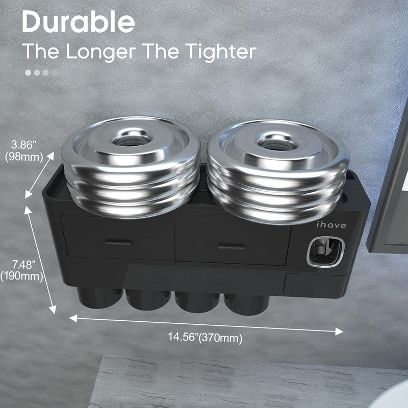 iHave حاملات فرشاة الأسنان للحمامات، حامل فرشاة الأسنان 4 أكواب مثبت على الحائط مع موزع معجون الأسنان - صينية بسعة كبيرة، 2 درج تجميلي - تخزين الحمام وتنظيم الحمام - Image 4